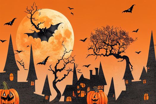 Halloween Background. Halloween orange background with many flying bats, old house, moon, trees.