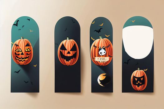 Halloween Banners Set with Icons in Circles on Textured Backdrop. Illustration. Trick or Treat Stickers for Party Invitation or menu design. Place for your text.