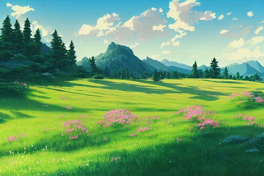 Mountain meadow in summer landscape, anime cartoon style, drawing
