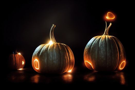 Glowing pumpkins levitate on a black background illustration