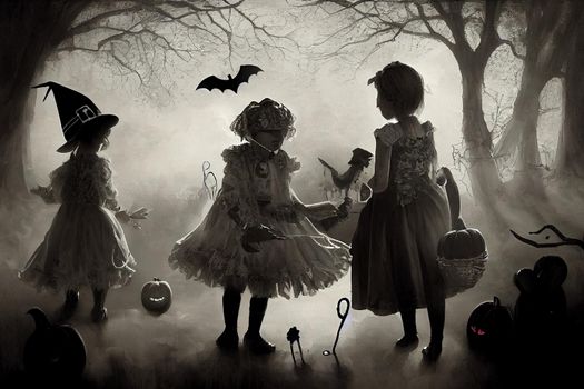 Halloween costume children party night black and white illustration
