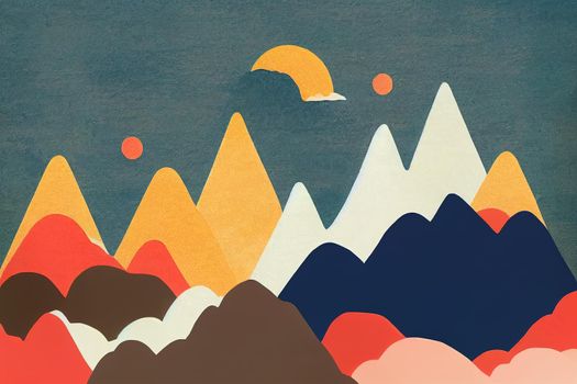 children hand drawn color mountain illustration in scandinavian style, Mountain landscape, clouds and cute sun, Kids wallpaper