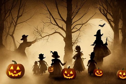 Halloween background with silhouettes of children trick or treating in Halloween costume