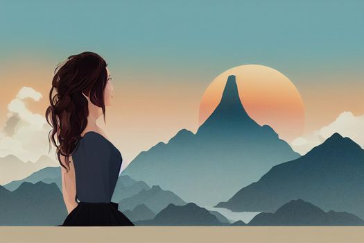Portrait of gorgeous woman posing against the backdrop of mountains on the balcony architecture Relaxation concept, 2d illustration, 2d style