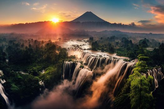 Aerial view of Tumpak Sewu waterfall and Semeru mountain at sunrise