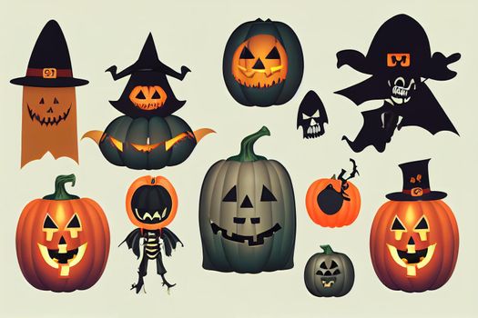 Halloween childish bundle with jack o lantern, coffin, witch, pirate, vampire and zombie. Cute creepy collection with childlike Helloween elements. Flat cartoon illustration isolated on white -