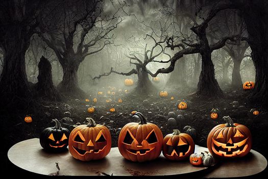 Halloween - Lanterns And Pumpkins On Wooden Table In A Haunted Forest