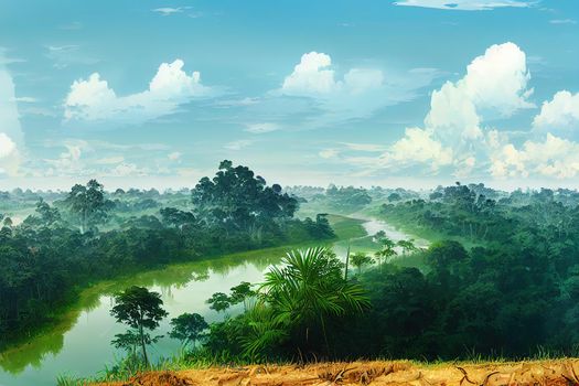 Panoramic view on the Cardamom Mountains, Cambodia, Tropical forest,, anime cartoon style, drawing