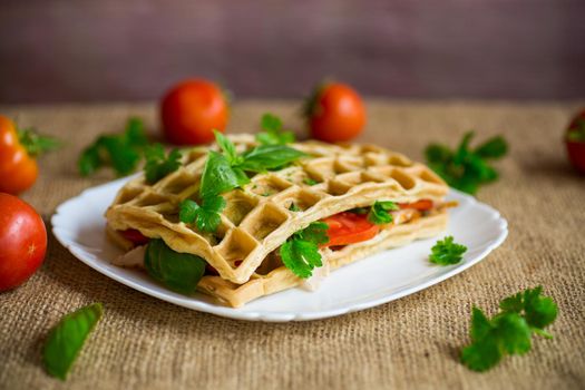 Sandwich of two egg omelettes with bacon and tomatoes inside, waffle shaped.