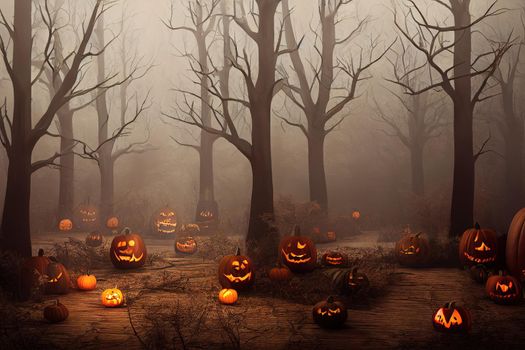 Halloween Background concept Spooky forest volumetric fog with many dead trees and wooden table foreground.3d rendering