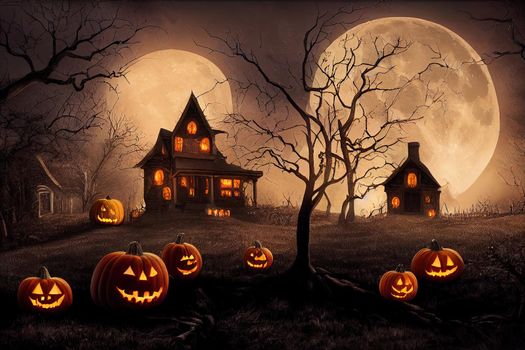 Halloween background with haunted house, full moon, pumpkins and trees
