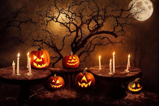 Halloween Background - Old Table With Candles And Branches At Spooky Night With Full Moon