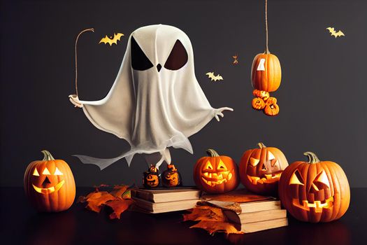 Halloween Concept little white ghost with halloween pumpkin candy jar doing trick or treat with curved pumpkins over bats and spider web on Wooden studio background.