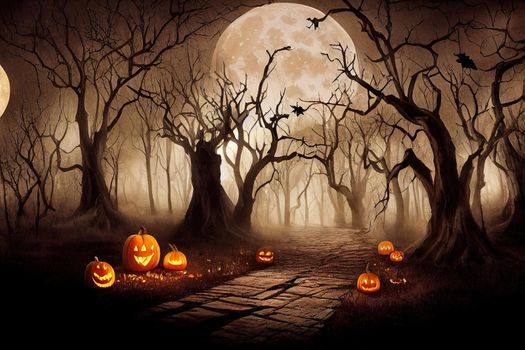Halloween background. Spooky forest with full moon and wooden table