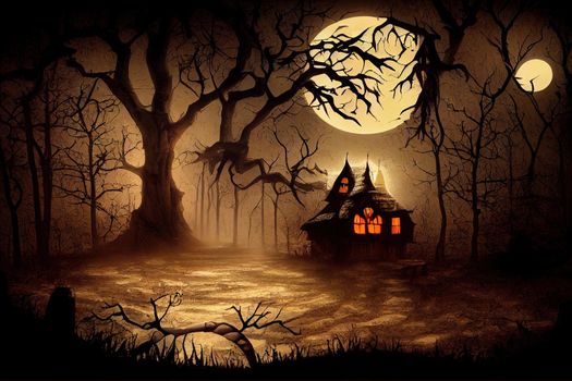 Halloween background. Spooky forest with full moon and wooden table
