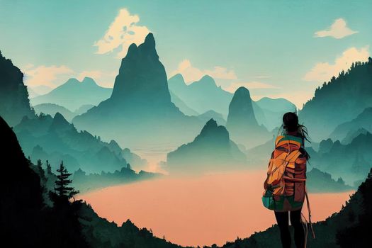 Travel, Girl travels through the mountains and waterfalls of wild nature, Unity, mental health, eco travel, Hiking in the mountains