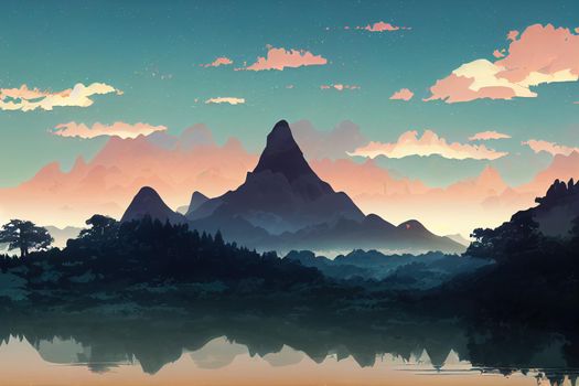 Mountain landscape with a dawn, an elongated format for the convenience of using it as a background,, anime style, cartoon style, toon style