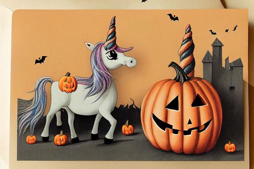 Greeting Halloween Card Cute Cartoon Unicorn with pumpkin illustration
