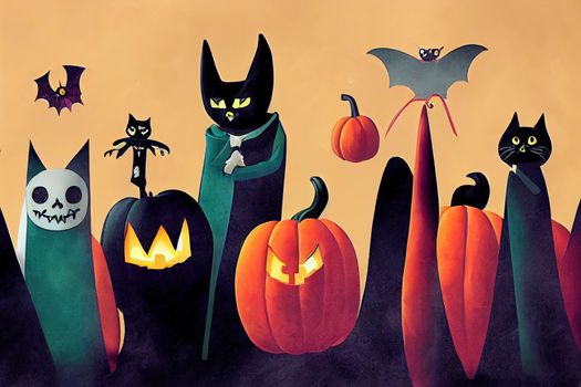 Halloween collection of cute cartoon characters such us vampire, skull, pumpkin, ghost, bat, werewolf, candy corn, spider and black cat.