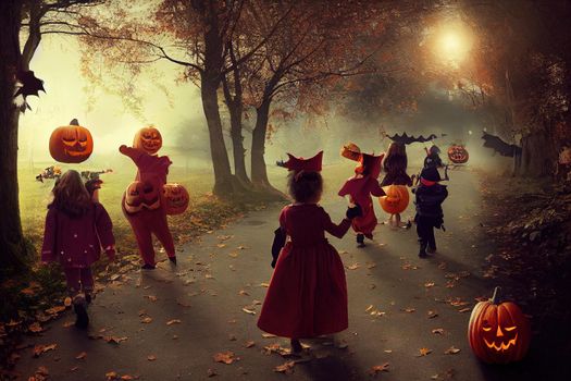 Group of kids with Halloween costumes walking to trick or treating