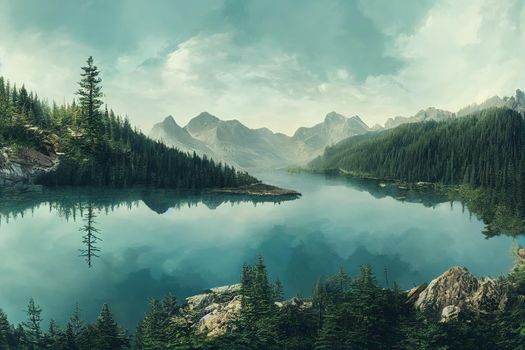 Panorama on blue reflecting lake and clear mountain cool water