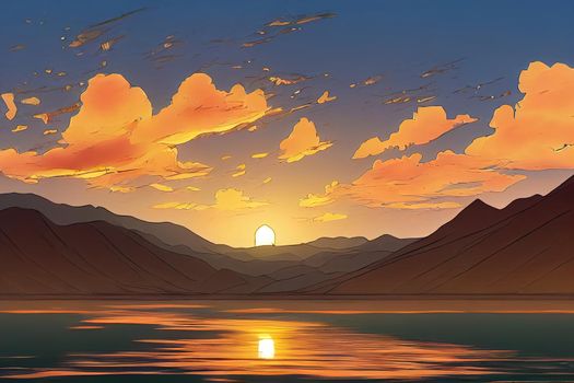 Taleqan, Iran - August 4th 2021 Sunset over the natural lakedam in Taleqan,, anime cartoon style, drawing
