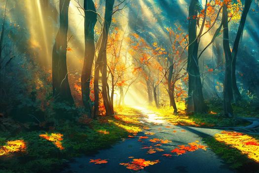 Autumn forest nature. Vivid morning in colorful forest with sun rays through branches of trees. Scenery of nature with sunlight, anime style, style, toon,