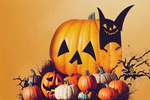 Halloween Background with cute halloween pumpkin,bat,spider and candy on yellow background. Website spooky,Background or banner Halloween template. illustration.