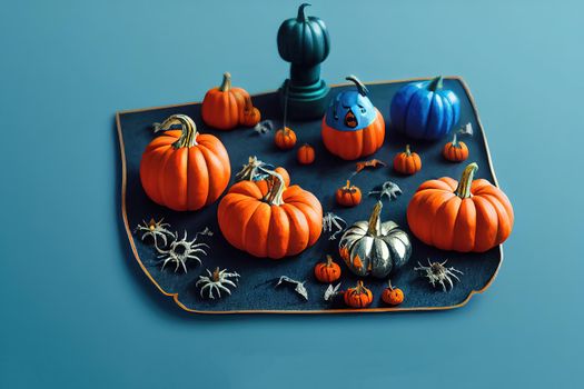 Halloween decorations on blue background. Halloween concept. Flat lay, top view, copy space