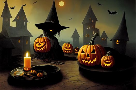 Halloween At Night - Pumpkins With Witch Hat And Candles On Table In Mystery Landscape