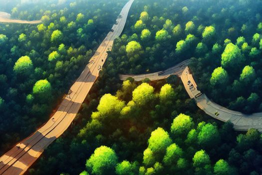 Aerial view of a road in the middle of the forest, anime style, style, toon,