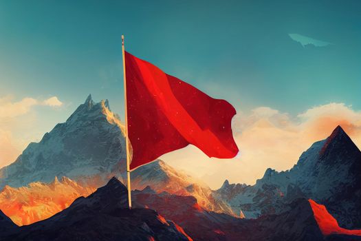 Red flag on a Mountain peak success concept, illustration, realistic style, 8k, nature photography, artstation
