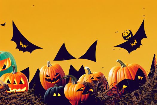 Halloween Background with cute halloween pumpkin,bat,spider and candy on yellow background. Website spooky,Background or banner Halloween template. illustration.