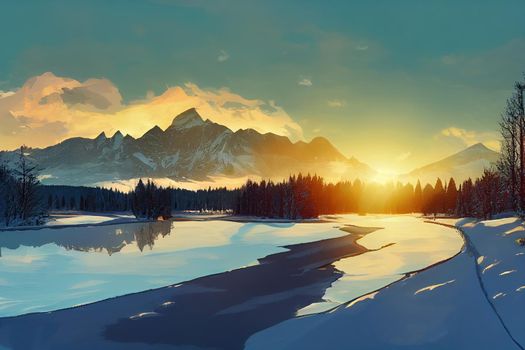 National park High Tatras winter sunrise view and mountain Vysoka over Strbske lake, Slovakia, anime style, webtoon style