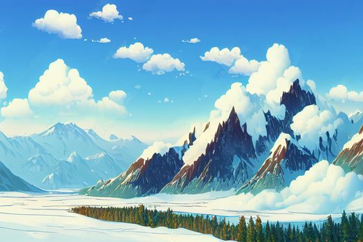 Picturesque mountain valley scenic view, Marvelous mountain range, Altai mountains, Belukha Mountain wall view, Akkem glacier anime style, cartoon style toon style