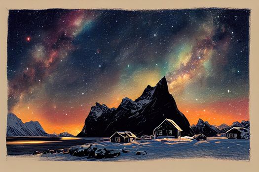 Milky Way above sea coast, snow covered mountains, village, red rorbu in winter at night in Lofoten Islands, Norway, Arctic landscape with starry sky, houses, water, snowy rocks, milky way