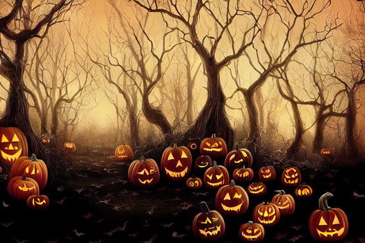 Halloween background. Spooky forest with dead trees and pumpkins.Halloween design with pumpkins