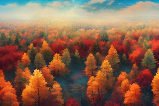 Autumn forest aerial drone view, anime style, style, toon,