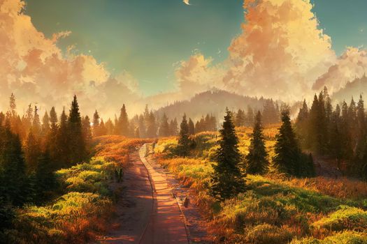 Pathway through the hills of majestic evergreen forest. Mighty pine, spruce trees, moss, plants. Finland. Soft golden sunset light. Idyllic autumn scene. Nature, seasons, environment, ecotourism, anim