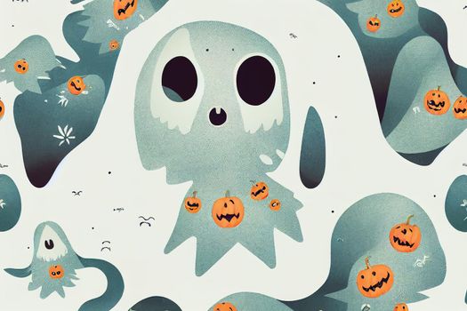 Graphic set of cartoon illustration and pattern with cute ghost. For children's T-shirt print, textile, Halloween decoration, wrapping paper, etc.