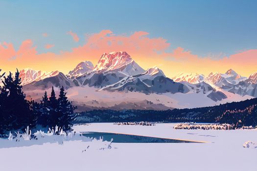 National park High Tatras winter sunrise view and mountain Vysoka over Strbske lake, Slovakia, anime style, webtoon style