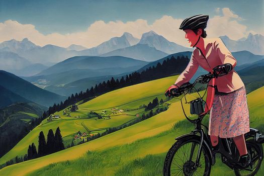 pretty senior woman riding her electric mountain bike in the Allgaeu mountains above Oberstaufen , Allgau Alps, Bavaria Germany, Hand painting, painting
