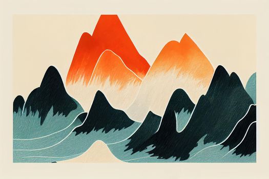 Mountains, rocky peaks, Abstract minimalistic style, One-stroke drawing, Hand-drawn by brush, Illustration, Hand painting, painting