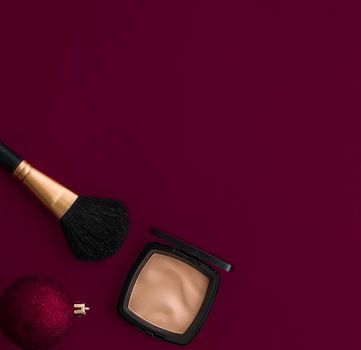 Cosmetic branding, fashion blog cover and girly glamour concept - Make-up and cosmetics product set for beauty brand Christmas sale promotion, luxury burgundy flatlay background as holiday design