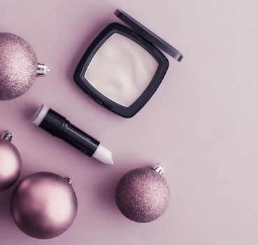 Cosmetic branding, fashion blog cover and girly glamour concept - Make-up and cosmetics product set for beauty brand Christmas sale promotion, luxury purple flatlay background as holiday design