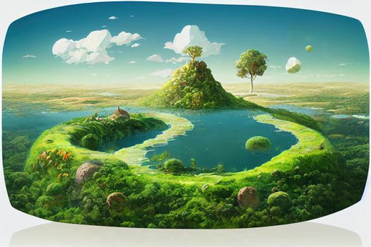round soil ground cross section with earth land and green grass, fantasy floating island with natural on the rock, surreal float landscape with paradise concept isolated on white background anime sty