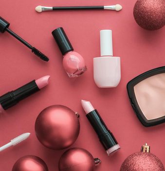 Cosmetic branding, fashion blog cover and girly glamour concept - Make-up and cosmetics product set for beauty brand Christmas sale promotion, luxury coral flatlay background as holiday design