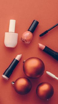 Cosmetic branding, fashion blog cover and girly glamour concept - Make-up and cosmetics product set for beauty brand Christmas sale promotion, vintage orange flatlay background as holiday design