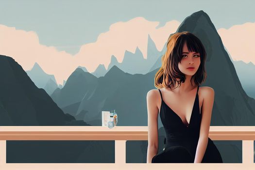 Portrait of gorgeous woman posing against the backdrop of mountains on the balcony architecture Relaxation concept, 2d illustration, 2d style