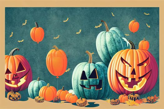 Halloween background, funny pumpkins, balloons and candies. Greeting card for party and sale. Autumn holidays. illustration